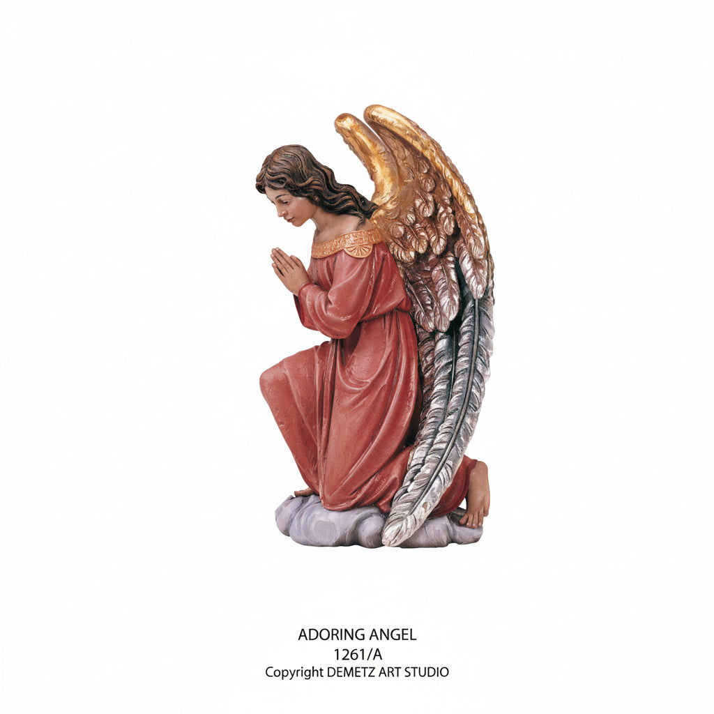 Wood Carved Statue of Adoring Kneeling Angel by Demetz (1261A)