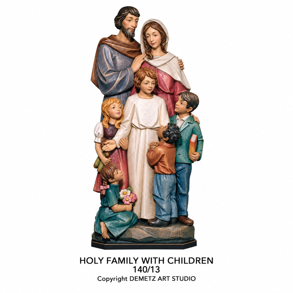 Wood Carved Holy Family with Children - 3/4 Relief by Demetz (140/13)