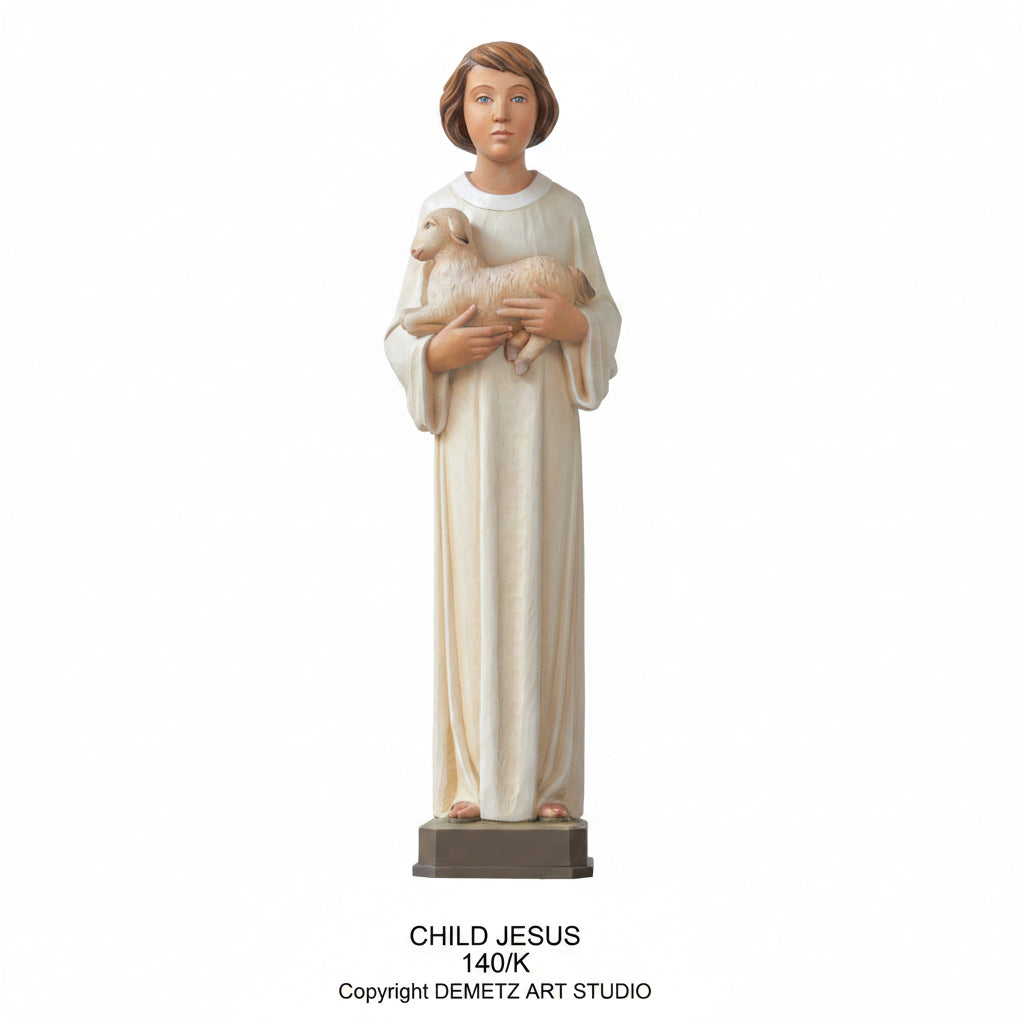Wood Carved Statue of Child Jesus Holding the Lamb by Demetz (140K)