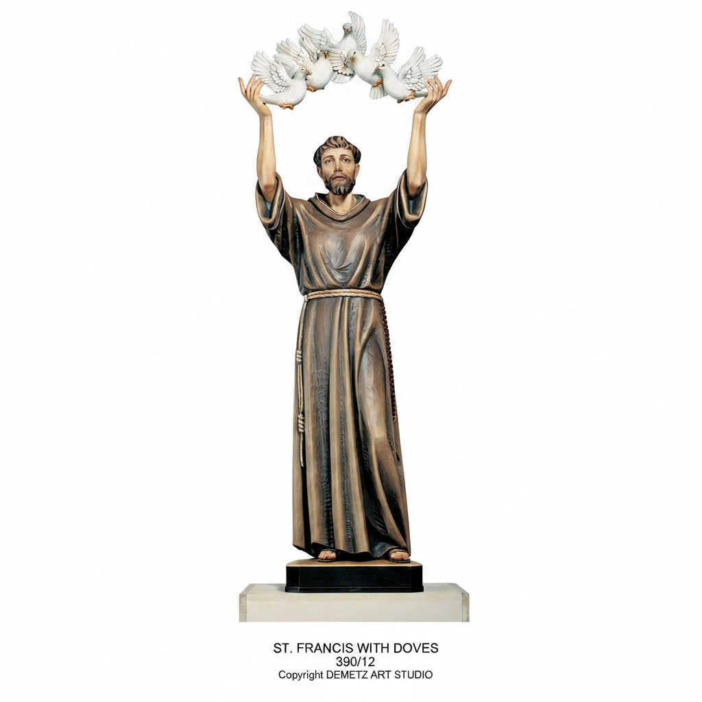 Wood Carved Statue of St. Francis of Assisi with Arch of Doves by Demetz (390/12)
