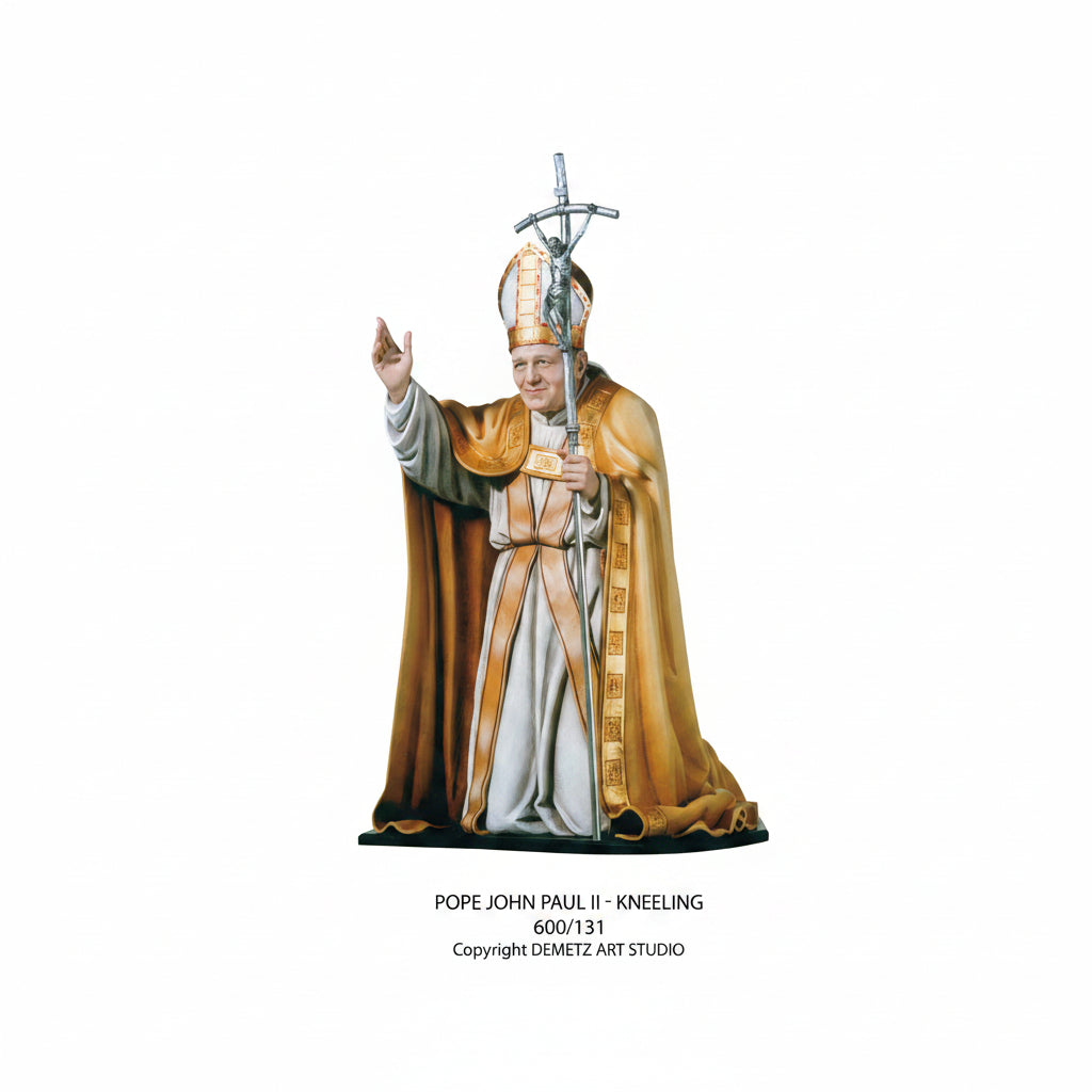 Wood Carved Statue of Pope John Paul II Kneeling by Demetz (600/131)