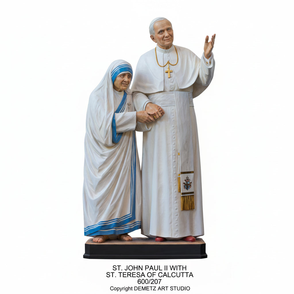 Wood Carved Statue of St. John Paul II with Mother Teresa by Demetz (600/207)