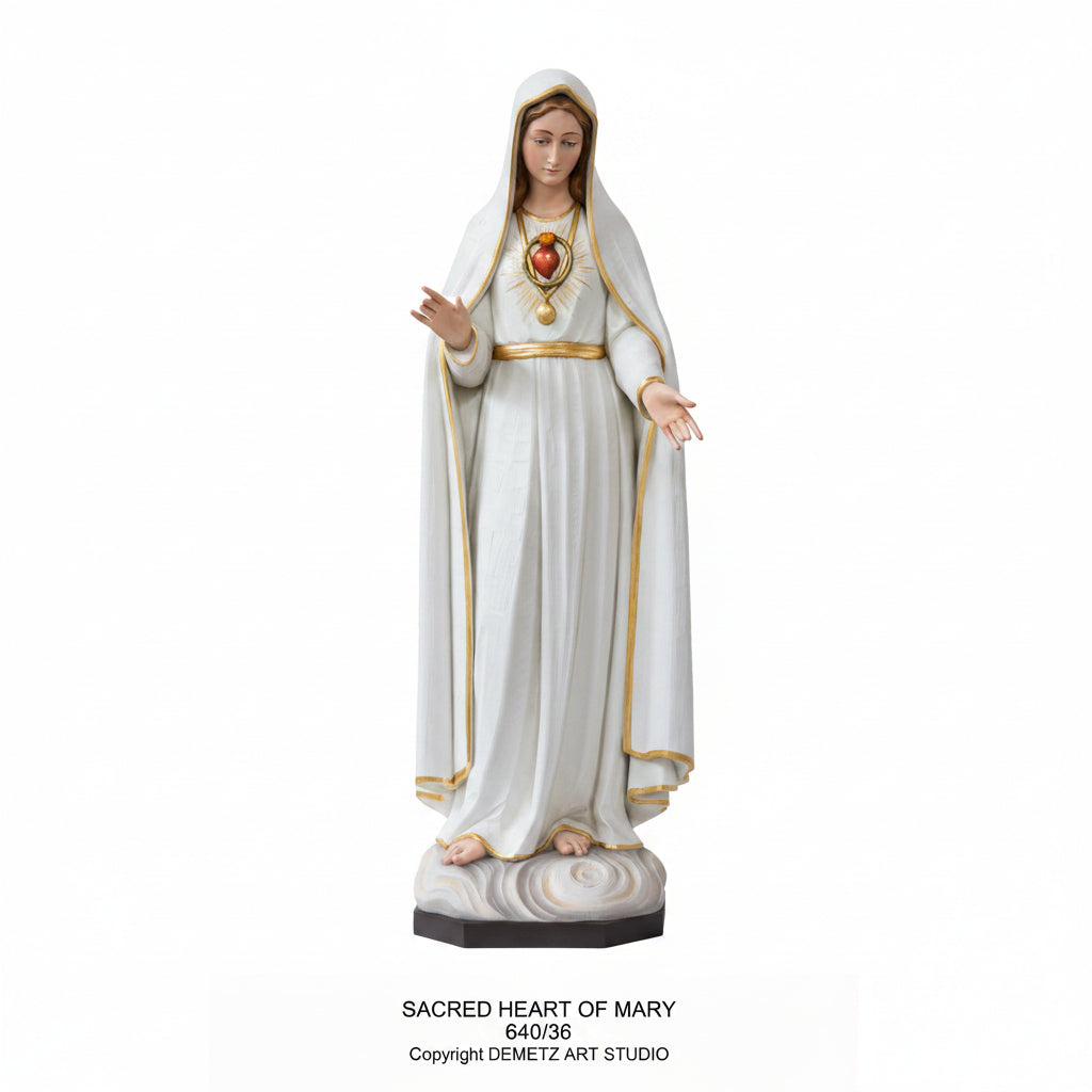 Wood Carved Statue of Sacred Heart of Mary, Fatima by Demetz (640/36)