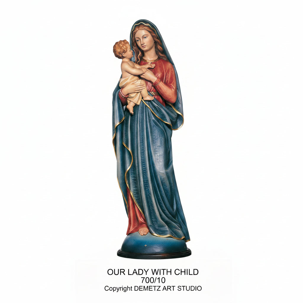 Wood Carved Statue of Mary, Our Lady With Child by Demetz (700/10)