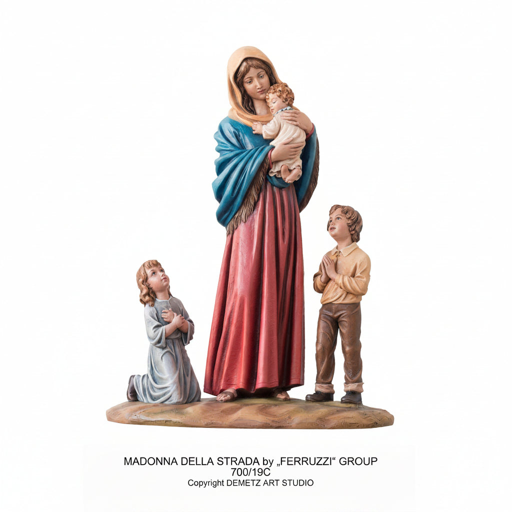 Wood Carved Statue of Madonna Della Strada with Children by Demetz (700/19C)