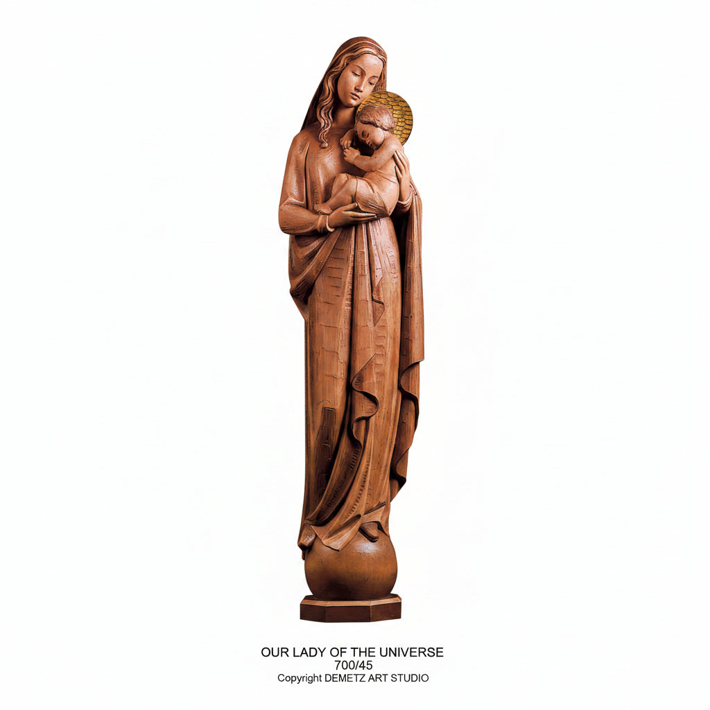 Wood Carved Statue of Mary, Our Lady of The Universe with Child by Demetz (700/45)