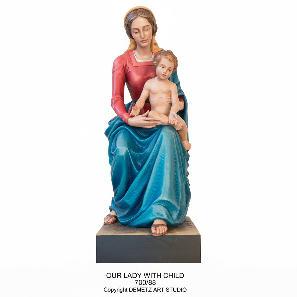 Wood Carved Statue of Mary, Sitting Our Lady with Child by Demetz (700/88)