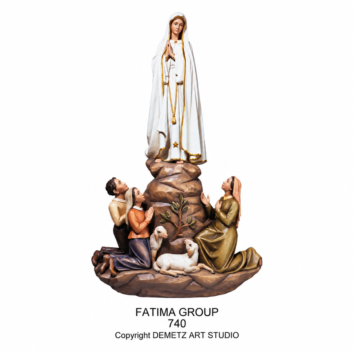 Wood Carved Statue of Fatima Group with Children and Sheep - 3/4 Relief by Demetz (740)