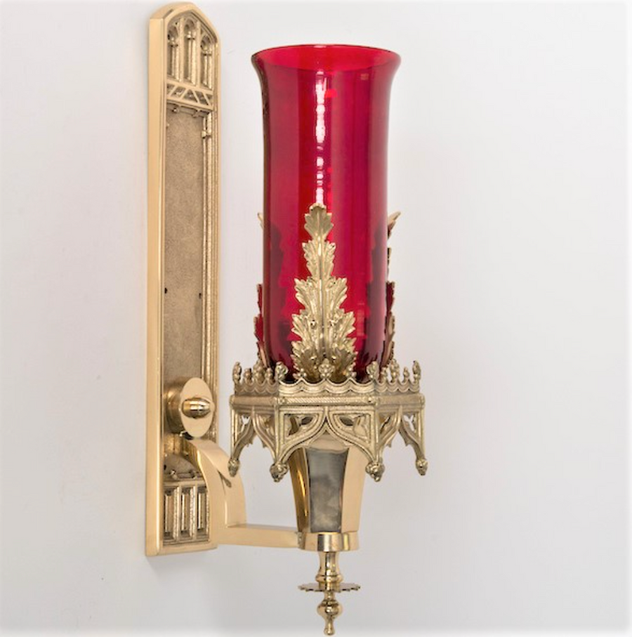 Brass wall-mounted sanctuary lamp with red glass globe