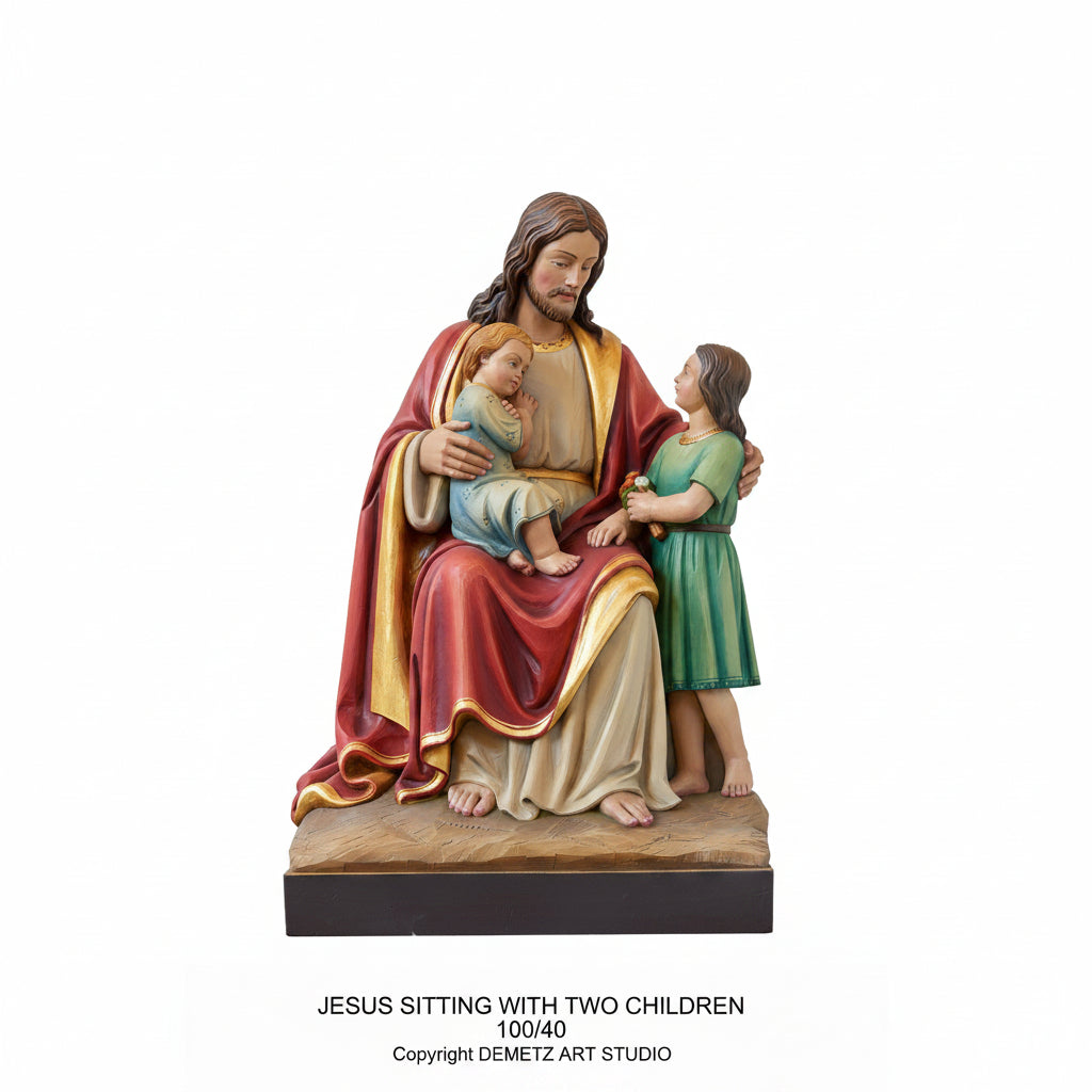 Wood Carved Statue of Jesus Sitting with Two Children by Demetz (100/40)