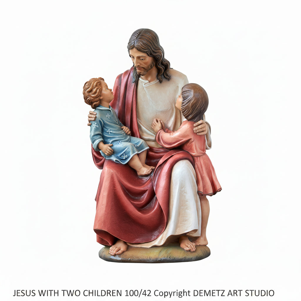 Wood Carved Statue of Jesus with Two Children by Demetz (100/42)
