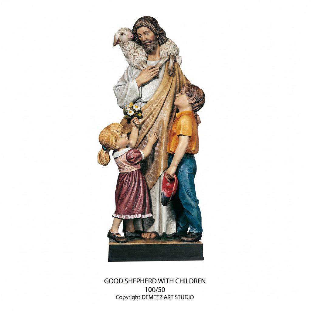 Wood Carved Statue of Jesus, The Good Shepherd with Children by Demetz (100/50)