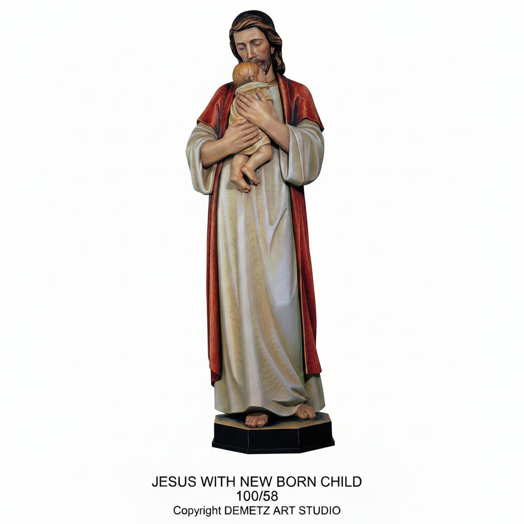 Wood Carved Statue of Jesus Holding a Child by Demetz (100/58)