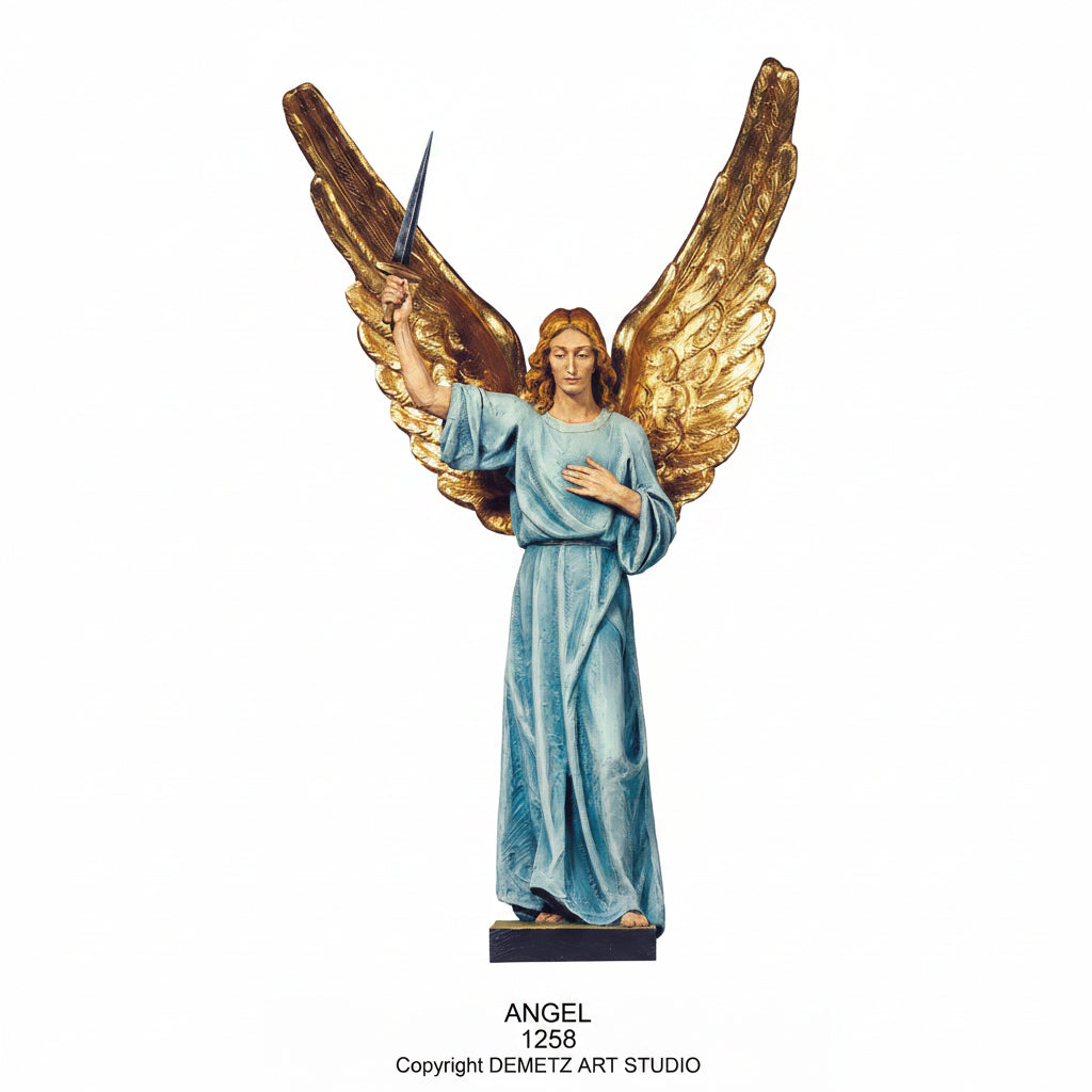 Wood Carved Statue of Standing Angel with Wings Upwards by Demetz (1258)