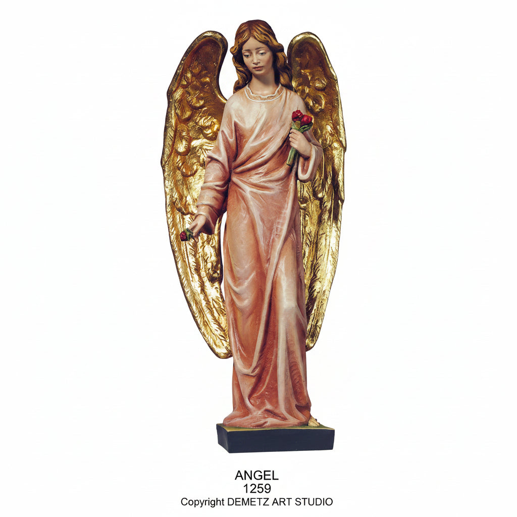 Wood Carved Statue of Standing Angel with Wings Downwards by Demetz (1259)