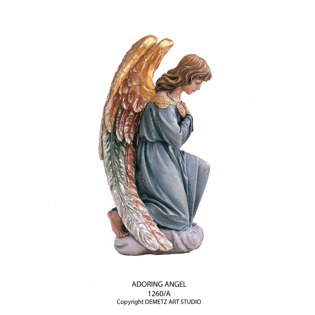 Wood Carved Statue of Adoring Kneeling Angel by Demetz (1260A)