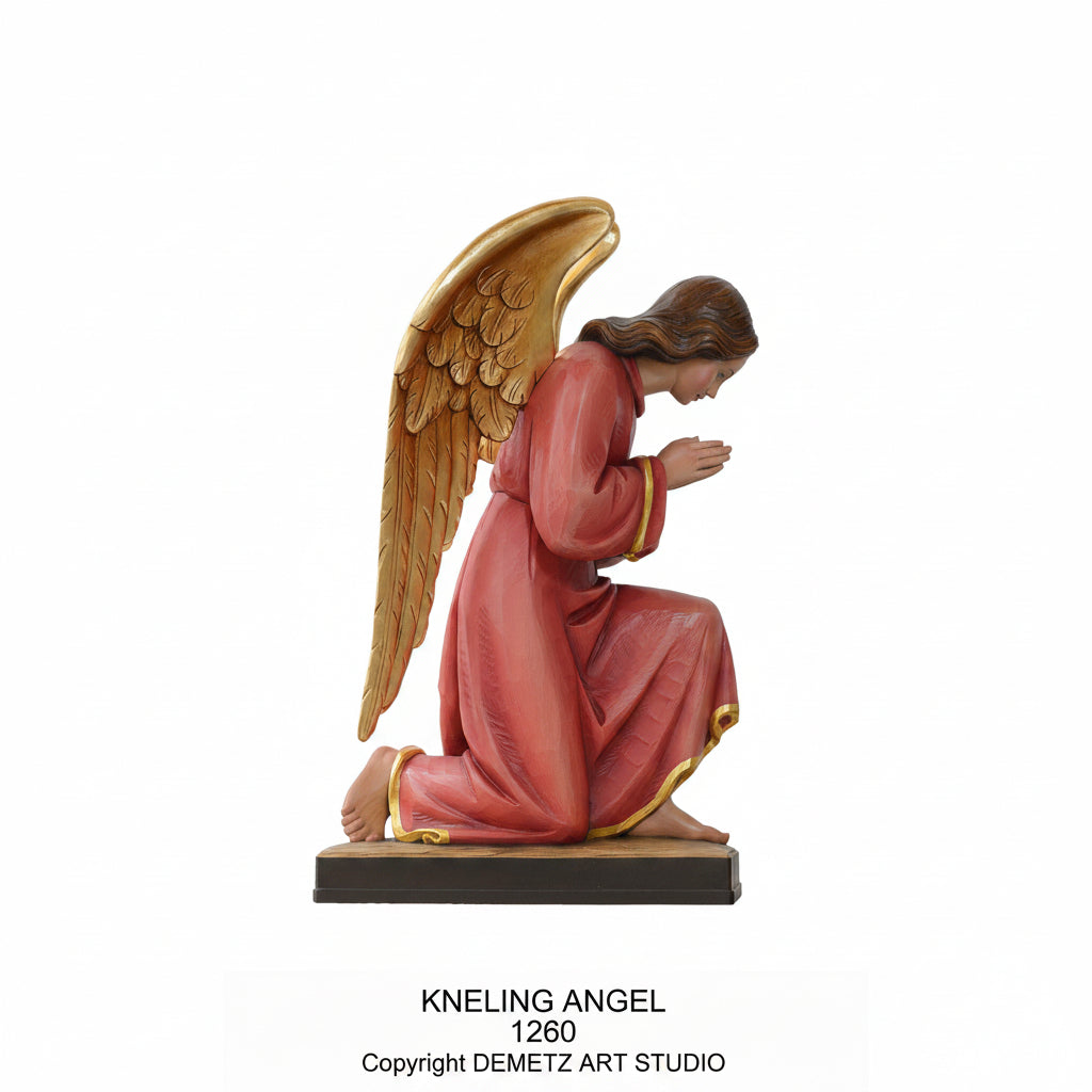Wood Carved Statue of Kneeling Angel by Demetz (1260)