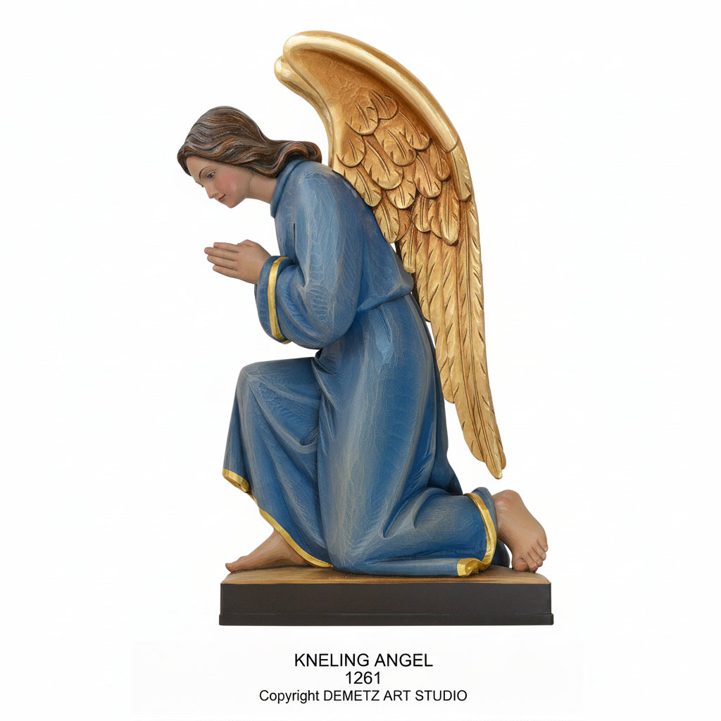 Wood Carved Statue of Kneeling Angel by Demetz (1261)