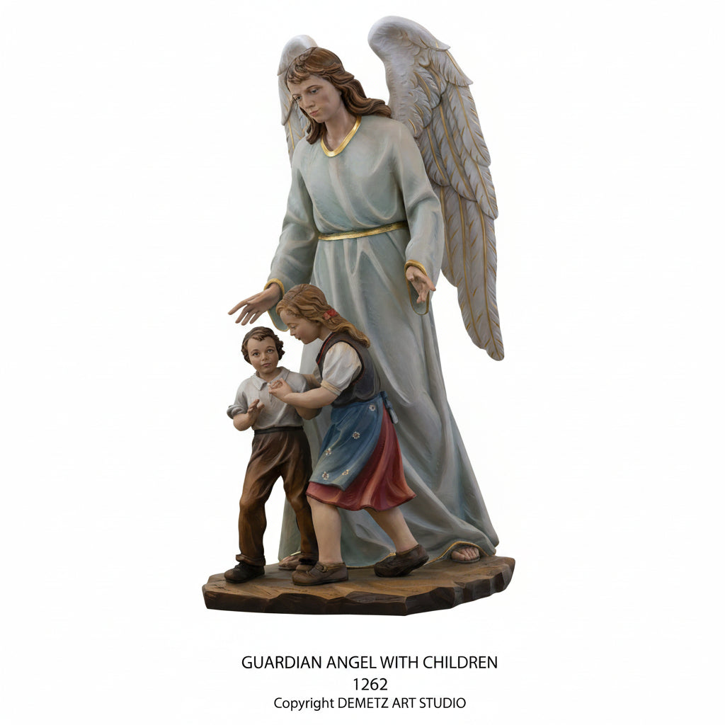 Wood Carved Statue of Guardian Angel with Children by Demetz (1262)