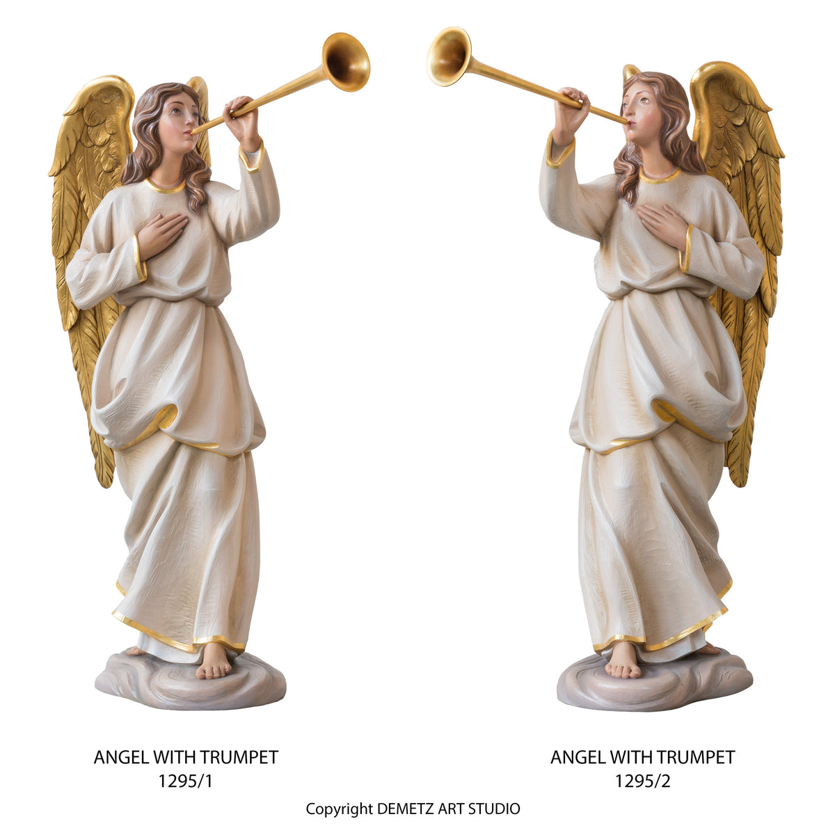 Wood Carved Statue of Pair of Angels with Trumpet by Demetz (1295/1-2)