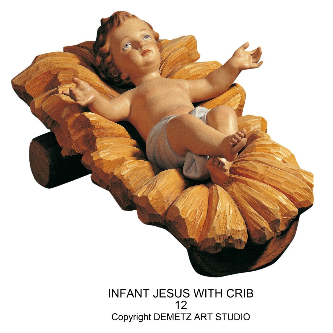 Wood Carved Statue of Baby Jesus in Manger, For a Nativity Set by Demetz (12W)