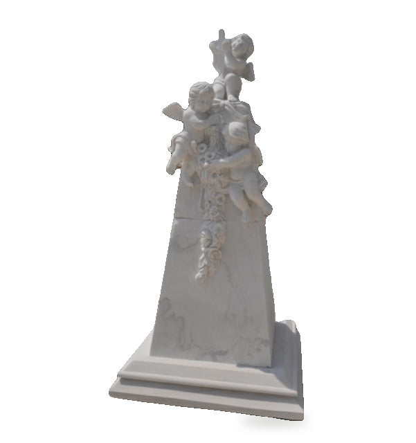 Marble Monument with Cherubs and Cross.Carved Marble Statue M2558 86.5" tall Fynders Keepers