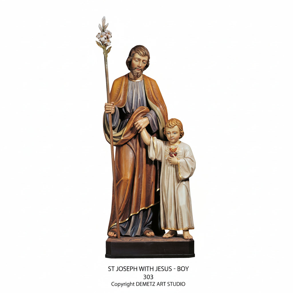 Wood Carved Statue of St. Joseph with Child Jesus by Demetz (303)