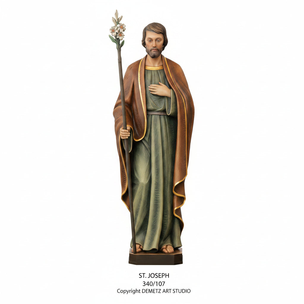Wood Carved Statue of St. Joseph with Lily/Staff by Demetz (340/107)