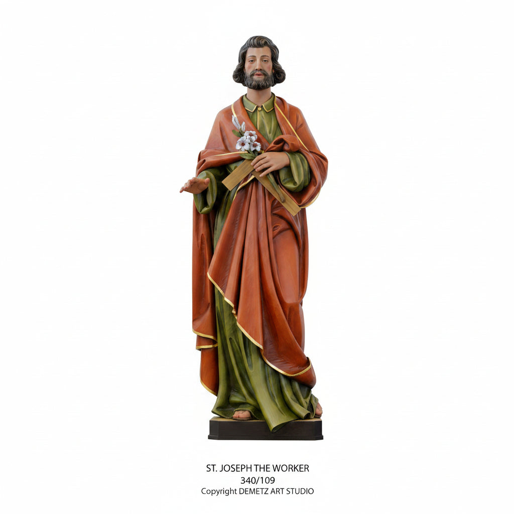 Wood Carved Statue of St. Joseph The Worker with Lily by Demetz (340/109)