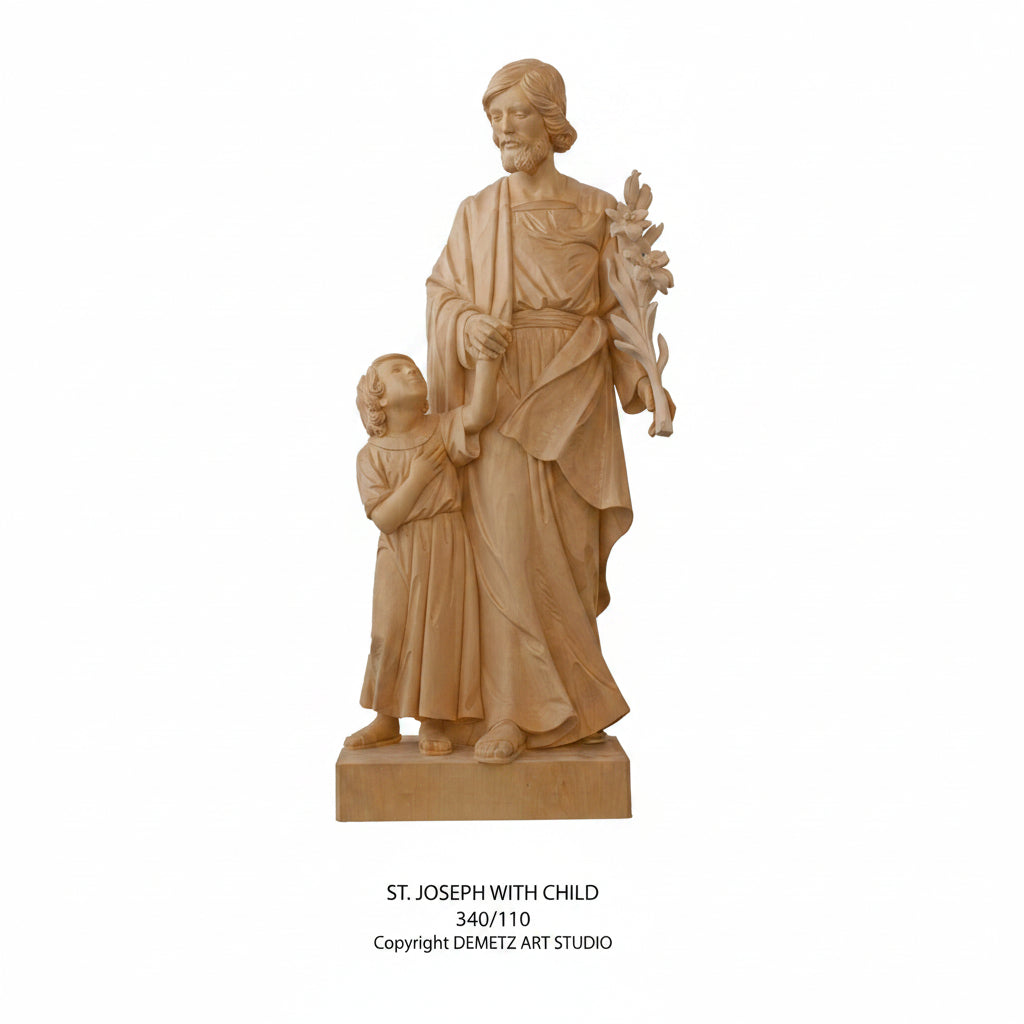 Wood Carved Statue of St. Joseph with Child Jesus and Lily by Demetz (340/110)