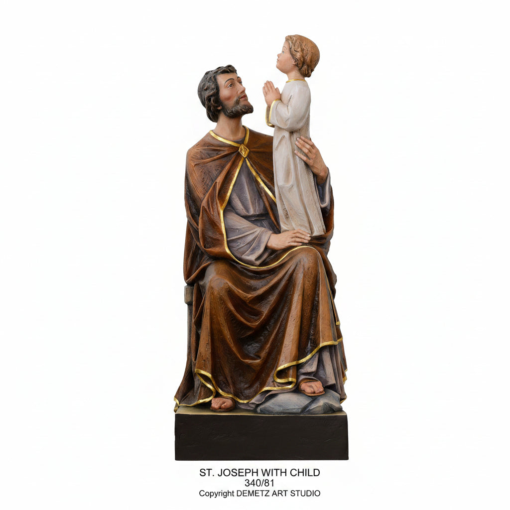 Wood Carved Statue of St. Joseph Sitting with Child by Demetz (340/81)