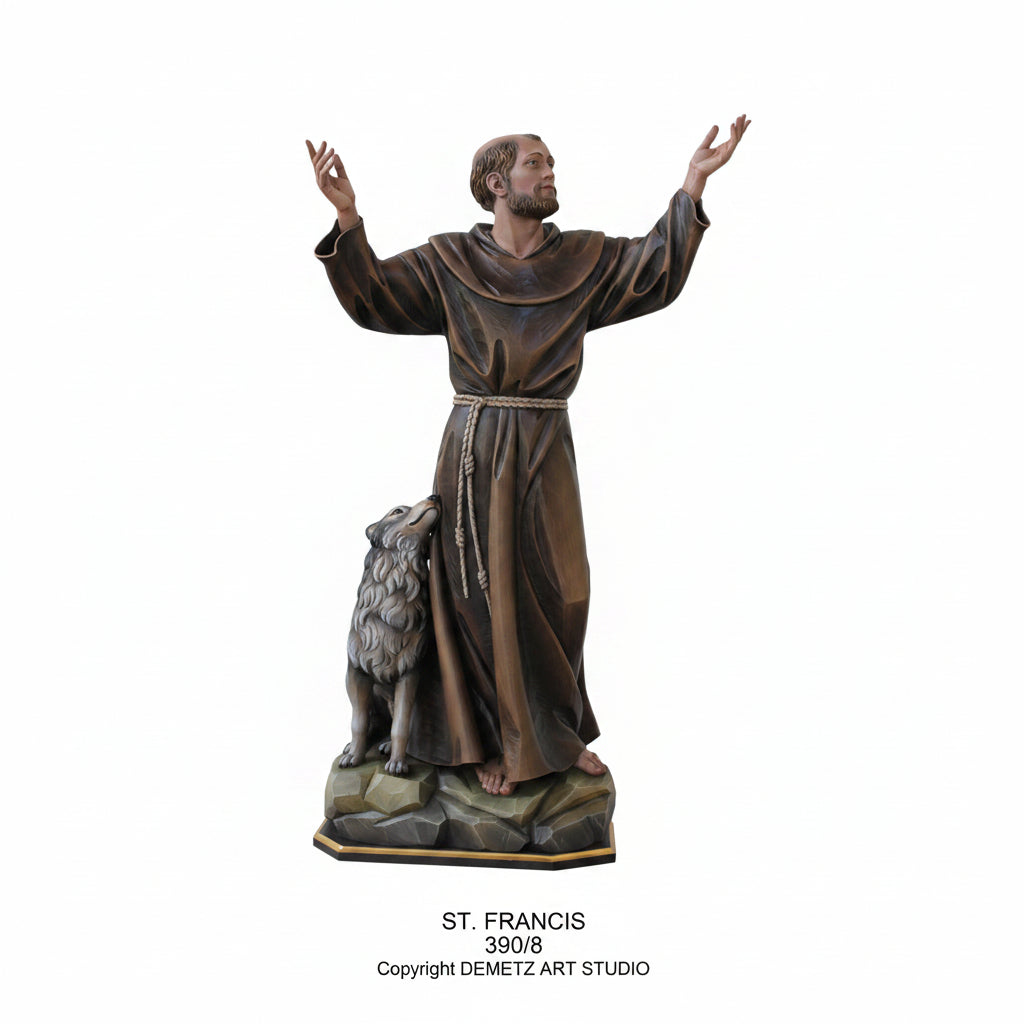 Wood Carved Statue of St. Francis with Wolf by Demetz (390/8)