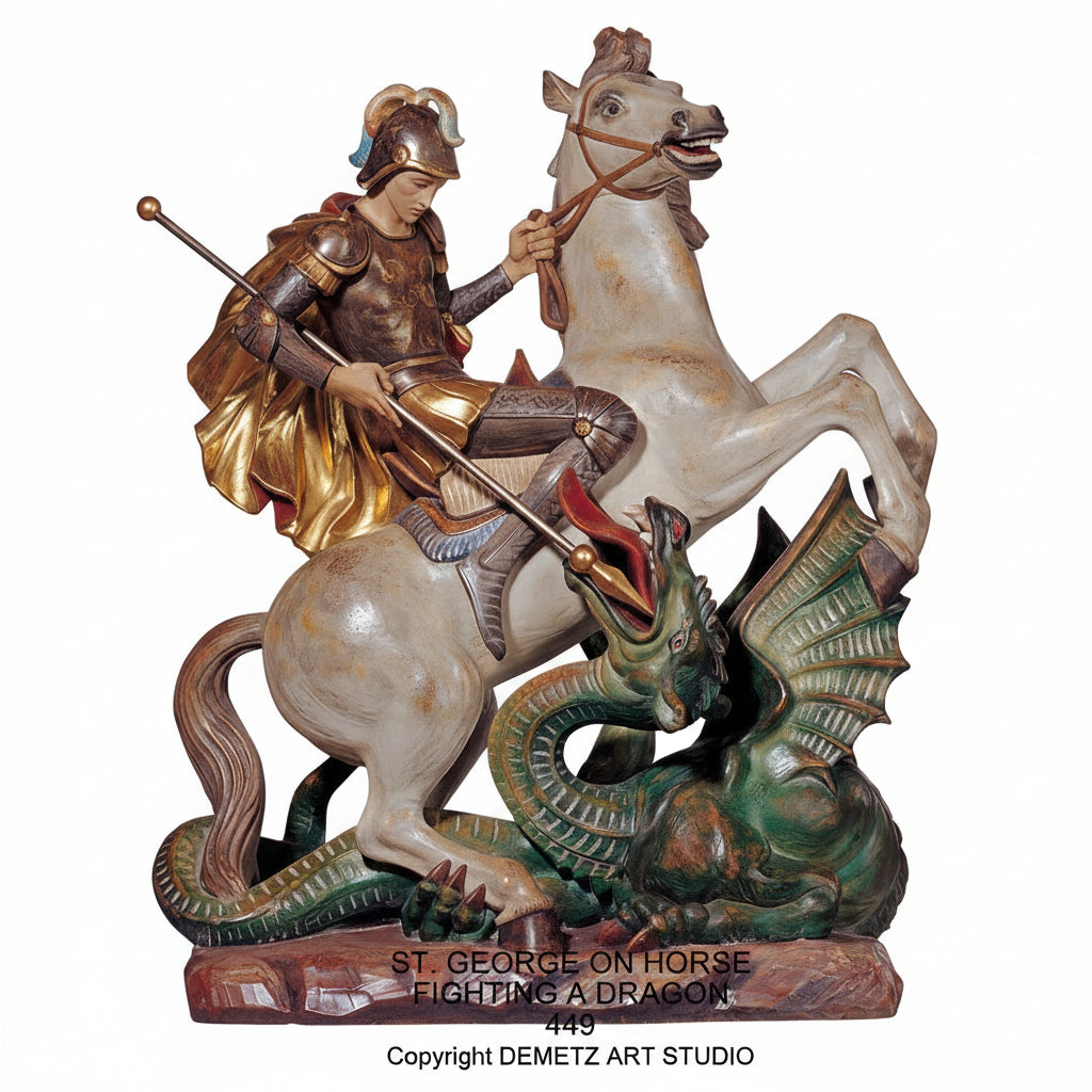 Wood Carved Statue of St. George on Horse Fighting a Dragon by Demetz (449)