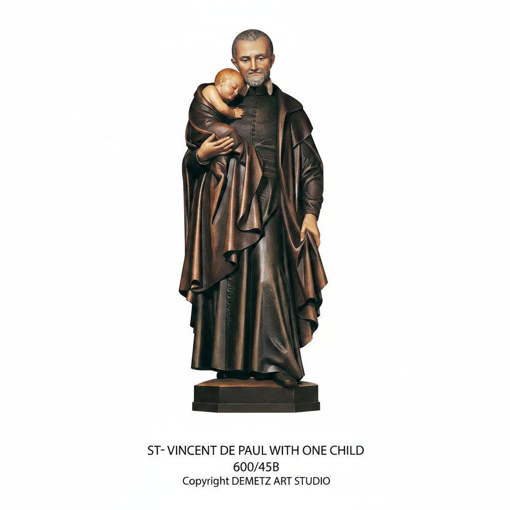Wood Carved Statue of St. Vincent De Paul with Child by Demetz (600/45B)