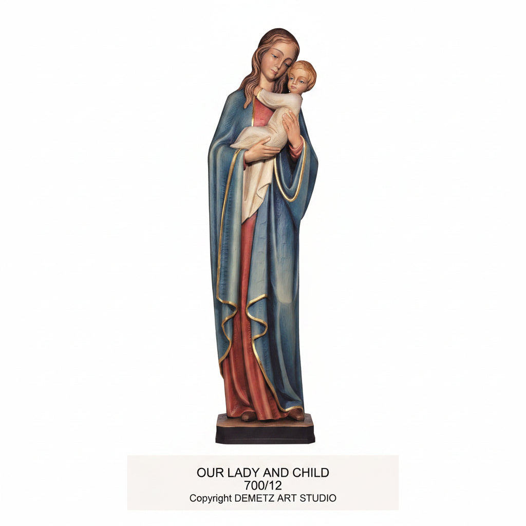 Wood Carved Statue of Mary, Our Lady With Child by Demetz (700/12FR)