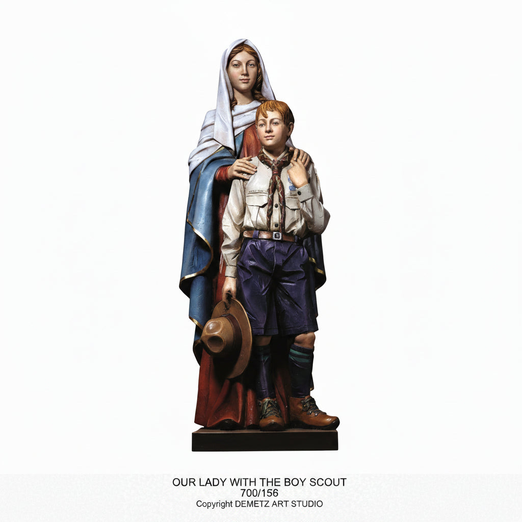 Wood Carved Statue of Mary, Our Lady with the Boy Scout by Demetz (700/156)