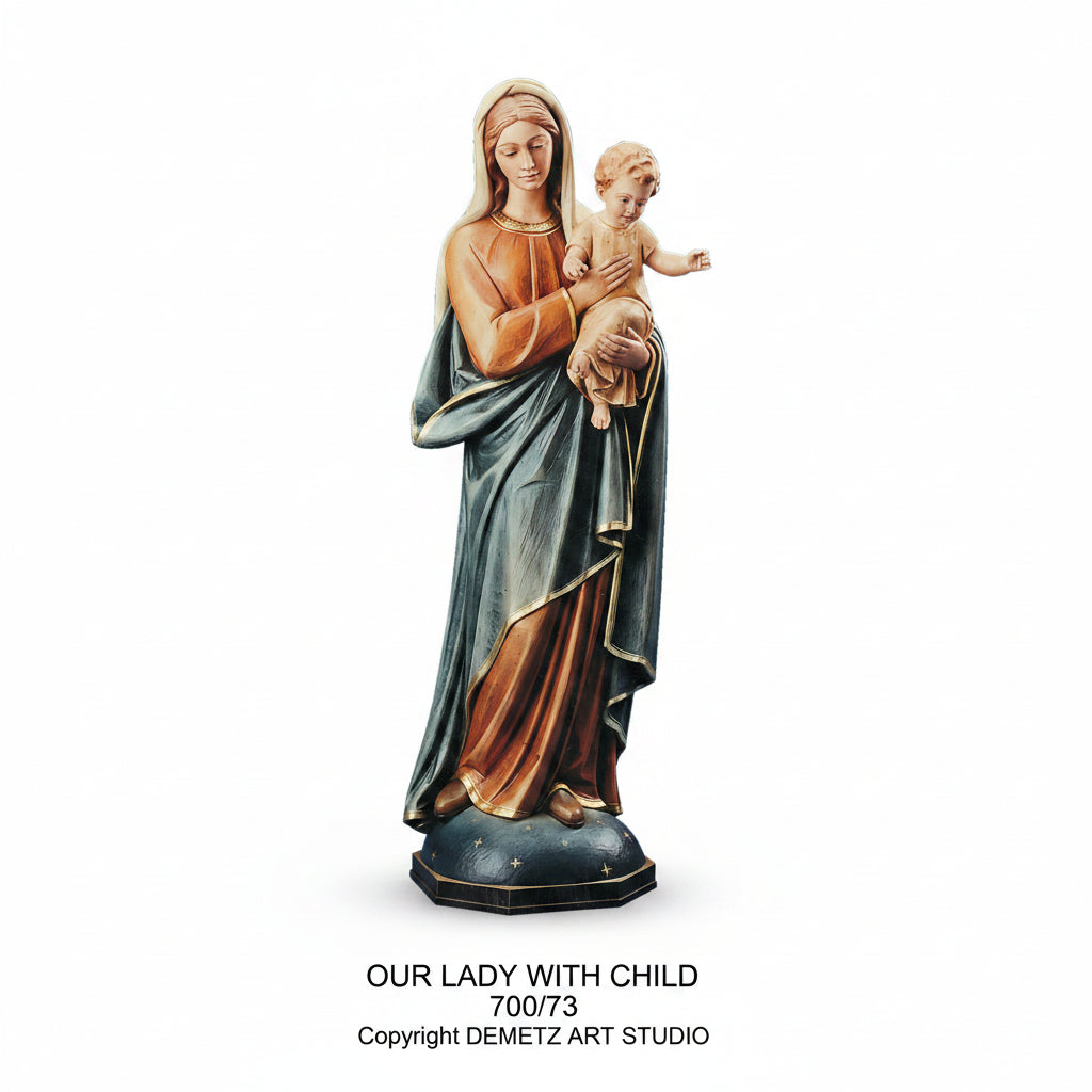 Wood Carved Statue of Mary, Our Lady with Child by Demetz (700/73)
