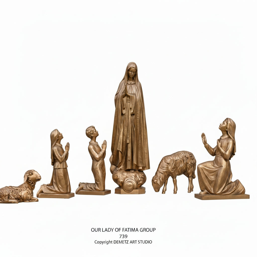 Wood Carved Statue of Our Lady of Fatima with 3 Children and 2 Sheep by Demetz (739)