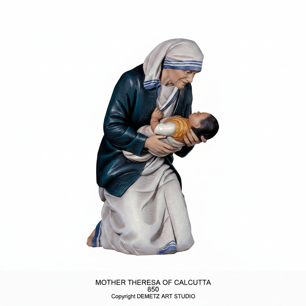 Wood Carved Statue of St. Teresa of Calcutta Kneeling by Demetz (850)