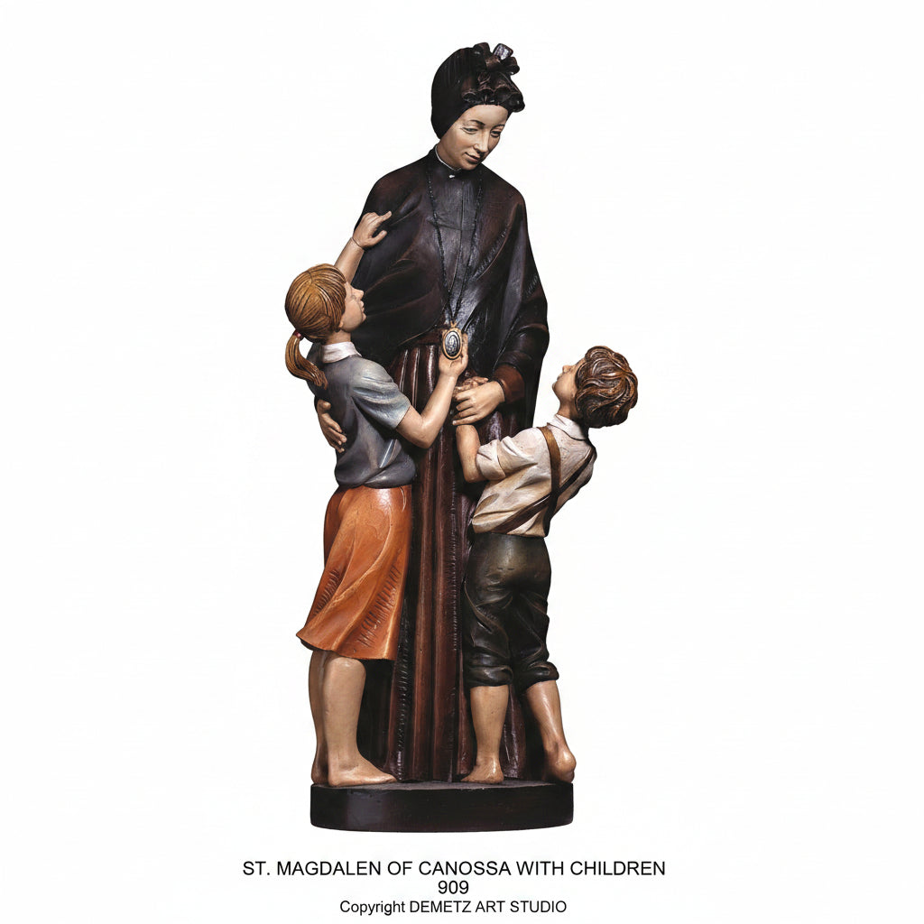 Wood Carved Statue of St. Magdalene of Canossa with Children by Demetz (909)