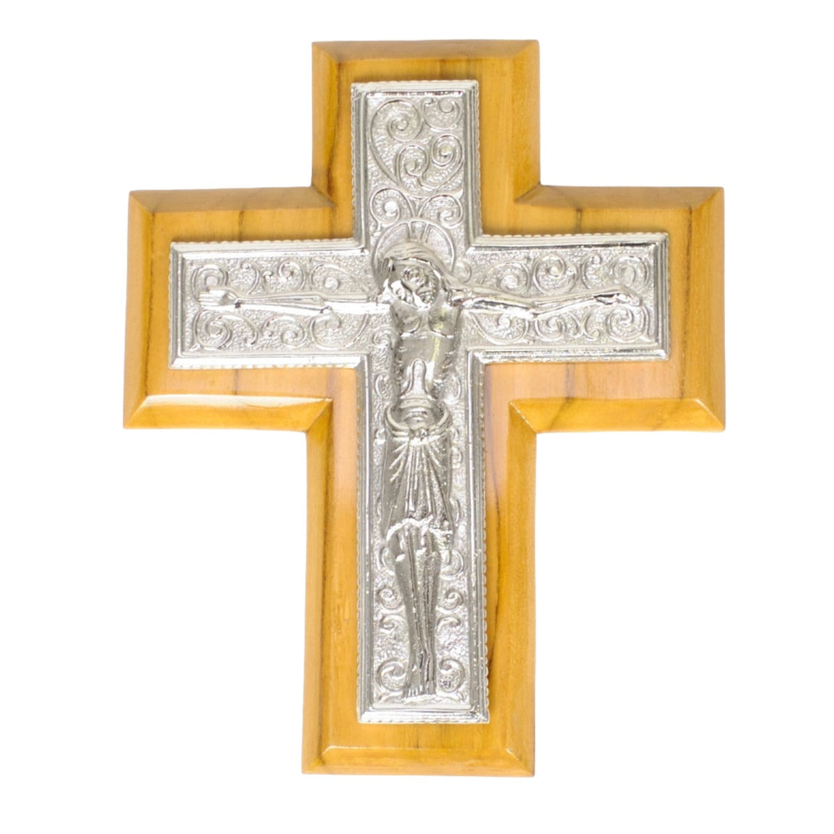 H-215S Silver Byzantine Wall Crucifix on Wood Backing