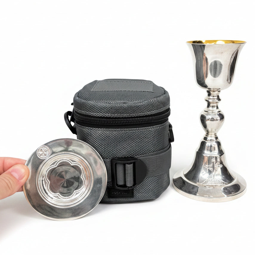 H-403S Silver Plated Baroque Travel Chalice, Paten and Case Set