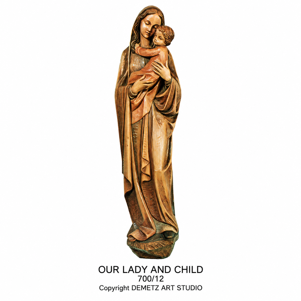 Wood Carved Statue of Mary, Our Lady With Child - 3/4 Relief by Demetz (700/12)