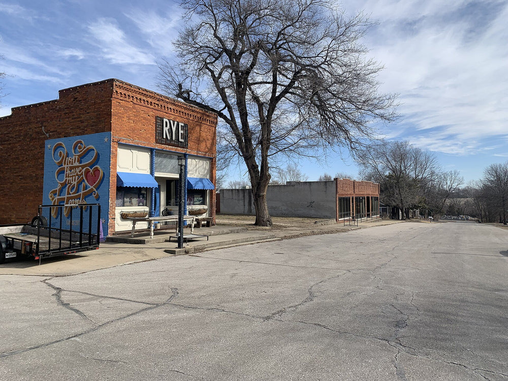 Brick storefronts and a tall shade tree in old downtown Stilwell, Kansas