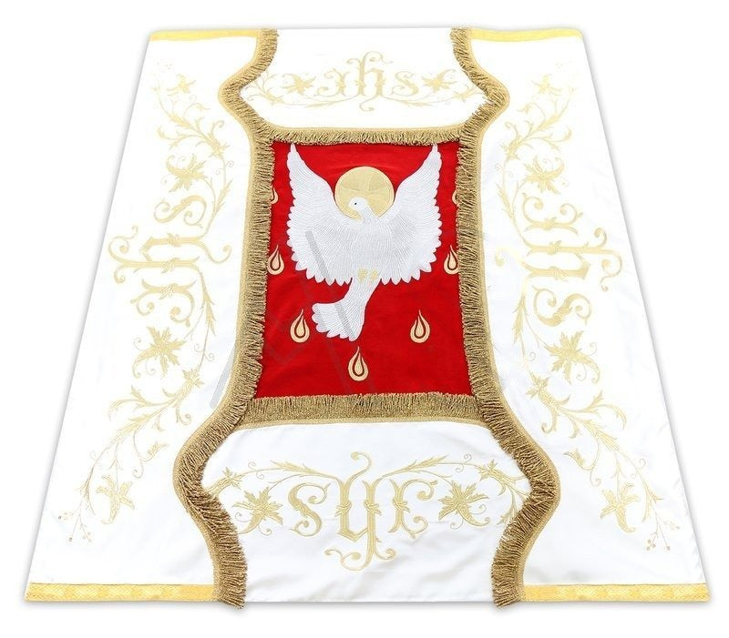 Processional canopy in cream with red center, Holy Spirit dove and IHS embroidery