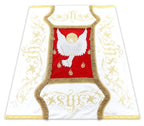 Processional canopy in cream with red center, Holy Spirit dove and IHS embroidery