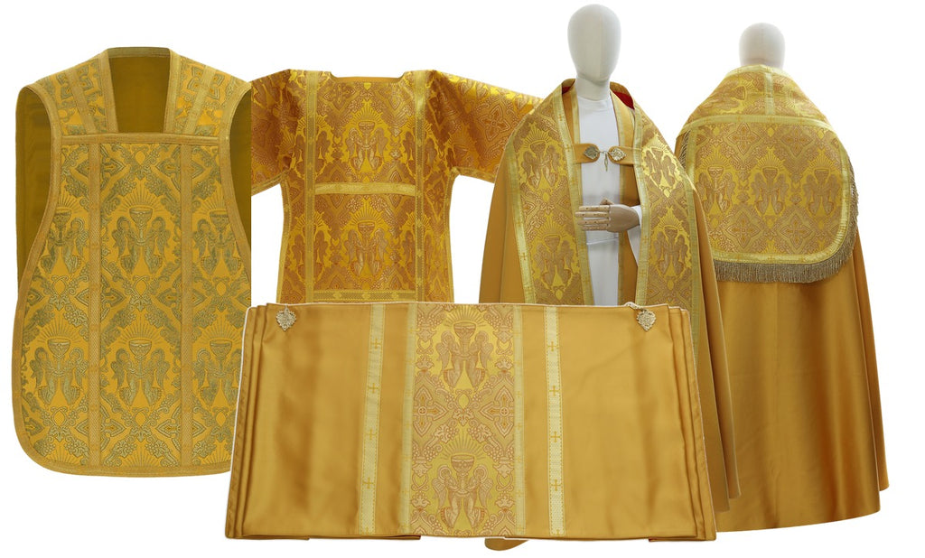 Gold silk damask Roman High Mass set: chasuble, dalmatic, cope front and back, and humeral veil