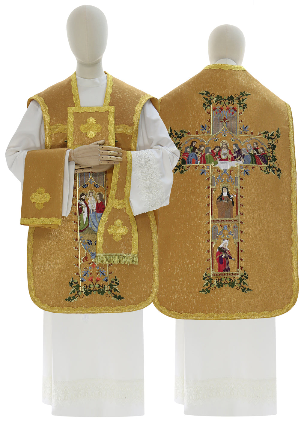 Gold Roman chasuble Low Mass set, front with Holy Family and back with Last Supper embroidery