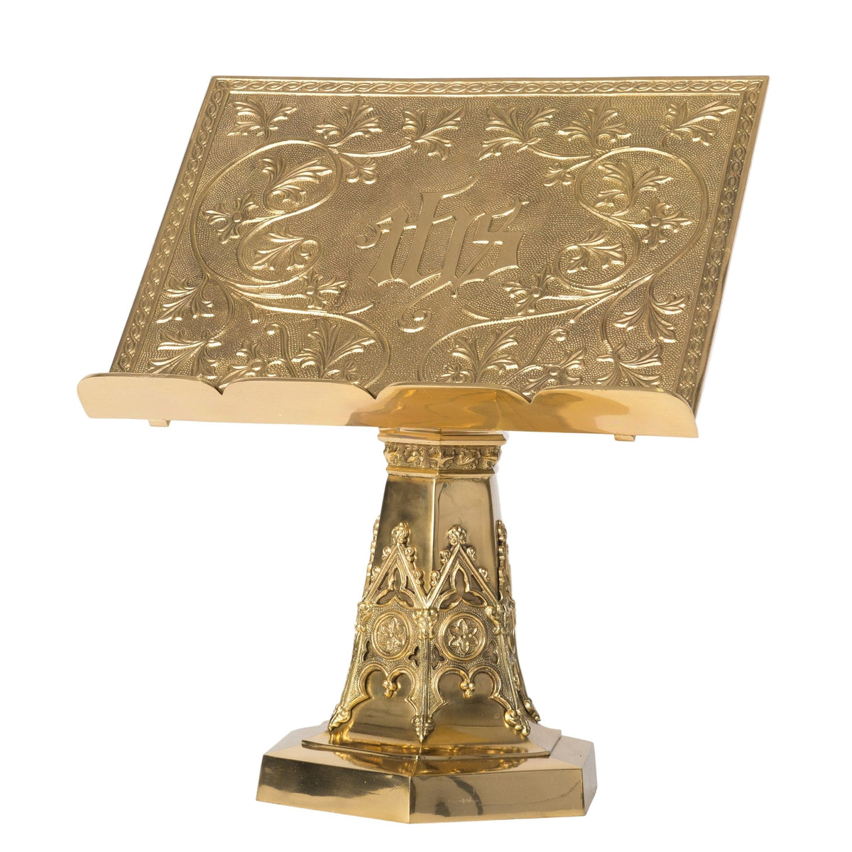 Gold-tone missal stand with embossed scrollwork book rest on a hexagonal Gothic pedestal
