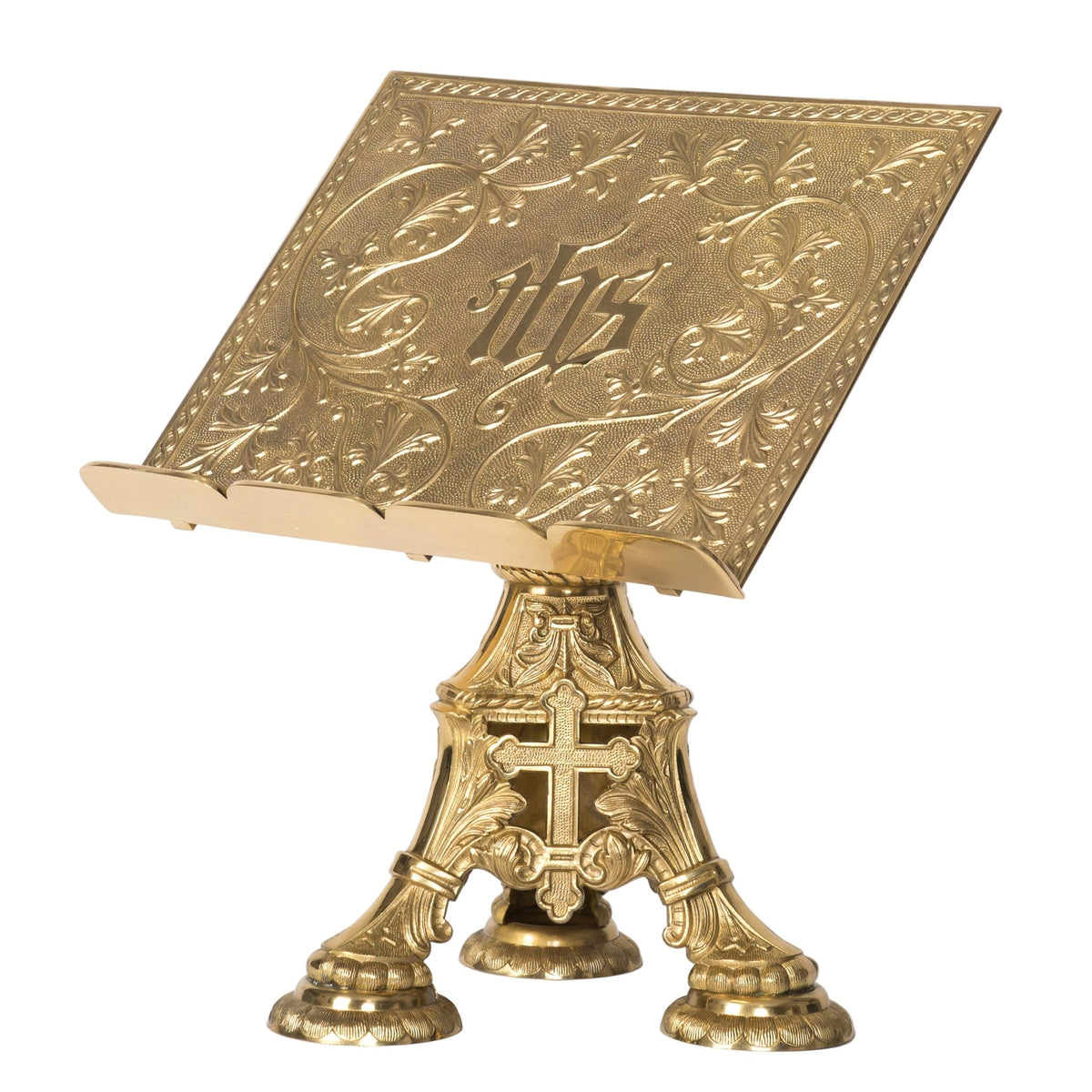 Gold-tone missal stand with embossed IHS book rest on a three-legged base with cross emblem